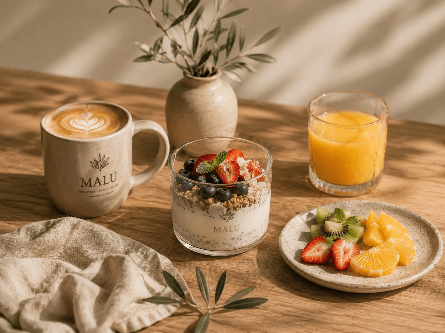 MALU Berlin – Fresh bowl with granola, berries and latte art